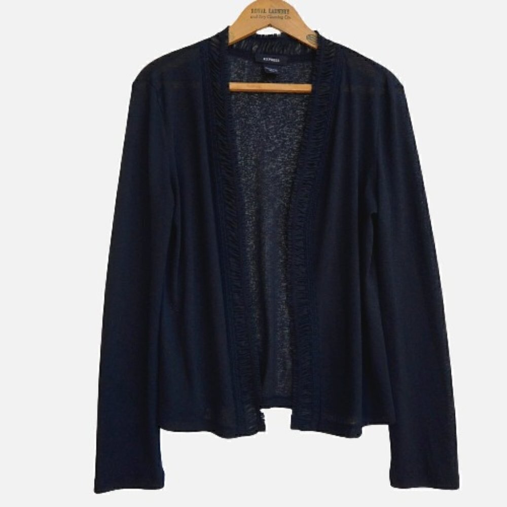 Vintage 90's Express Black Open Front Cardigan Size L Goth Witchy Pleated Lace